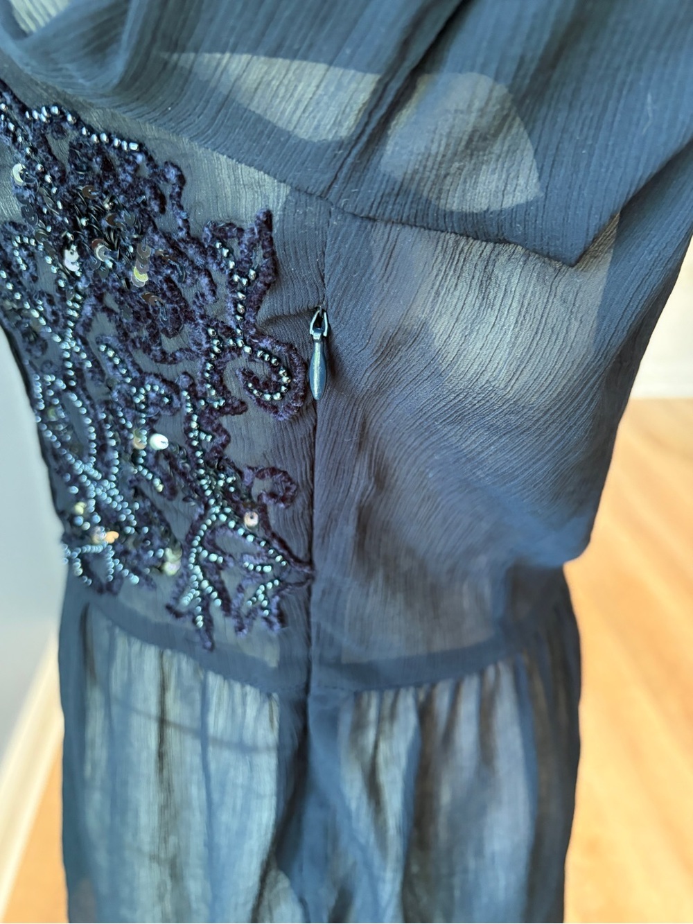 Maeve Navy Beaded Chiffon Peplum Blouse Sheer Long Sleeve Small Anthropologie - Picture 6 of 8